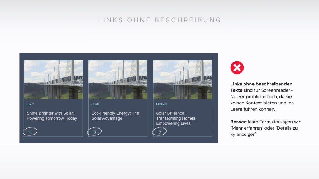 Barrierefreiheit Beispiel des WordPress Templates: Links ohne Beschreibung