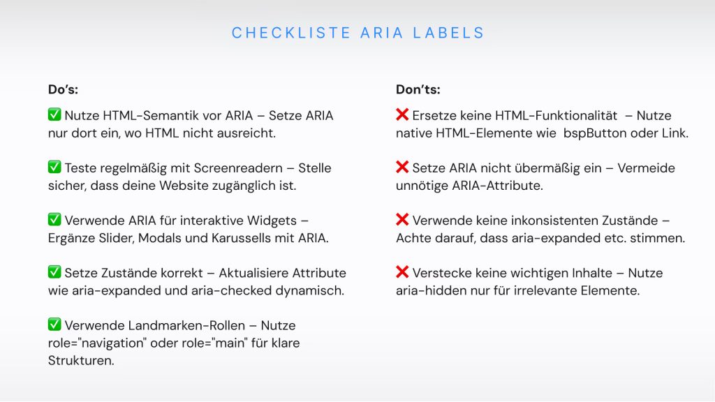 Aria-Labels nutzen Checkliste für Do's und Dont's 