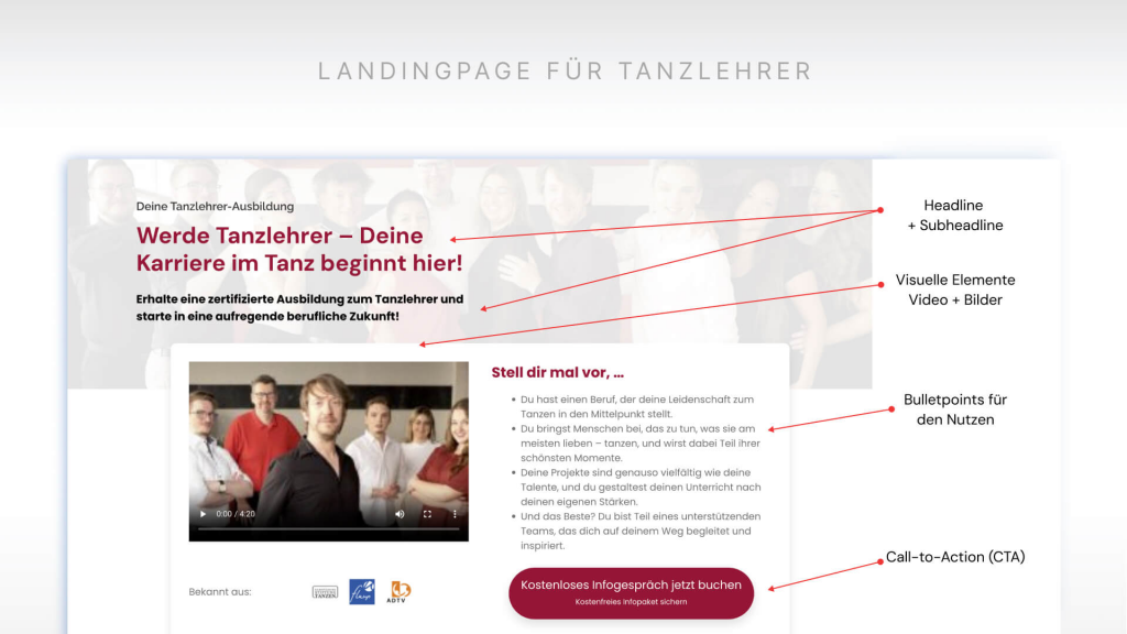 Beispiel Aufbau einer Landingapge für Tanzlehrerer mit überzeugenden Elementen