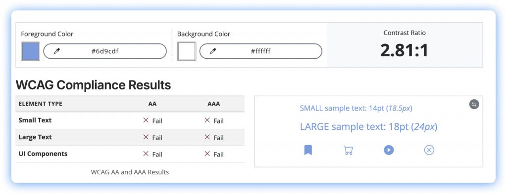 Barrierefreiheit Tools: Color Contrast Checker mit zu geringem Kontrast