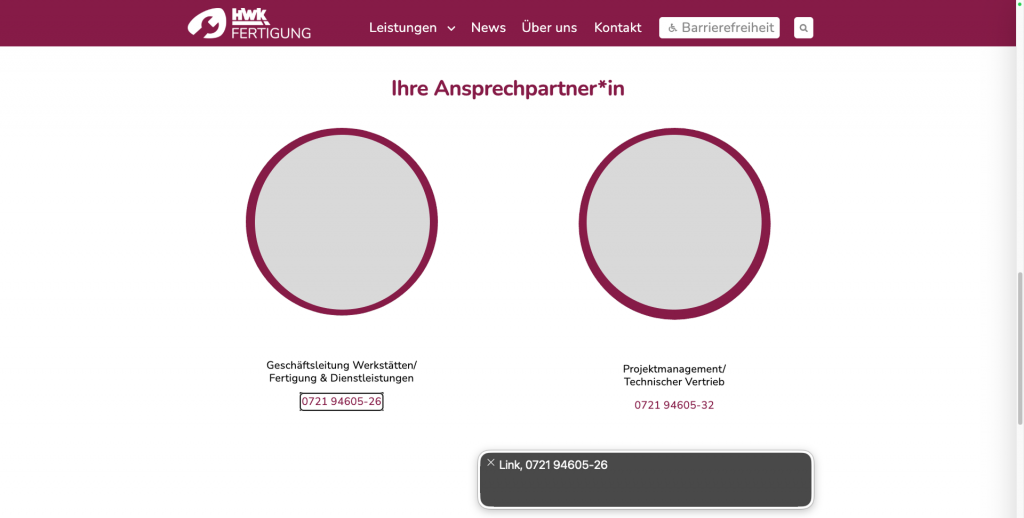WordPress Barrierefreiheit Audit: Screenshot einer Website zeigt unvollständige Link-Kennzeichnung