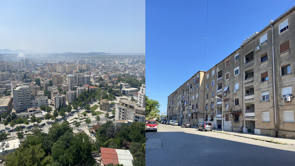 Workation Albanien: Panoramablick über eine albanische Stadt mit Wohngebäuden und Hügeln; daneben eine ruhige Wohnstraße mit mehrstöckigem Gebäude.