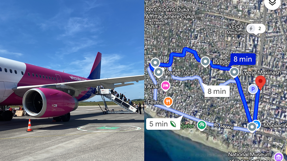 Workation Albanien: Wizz-Air-Flugzeug auf dem Rollfeld bei strahlendem Himmel; daneben eine Kartenansicht mit eingezeichneter Route und Zeitangaben (5 und 8 Minuten).
