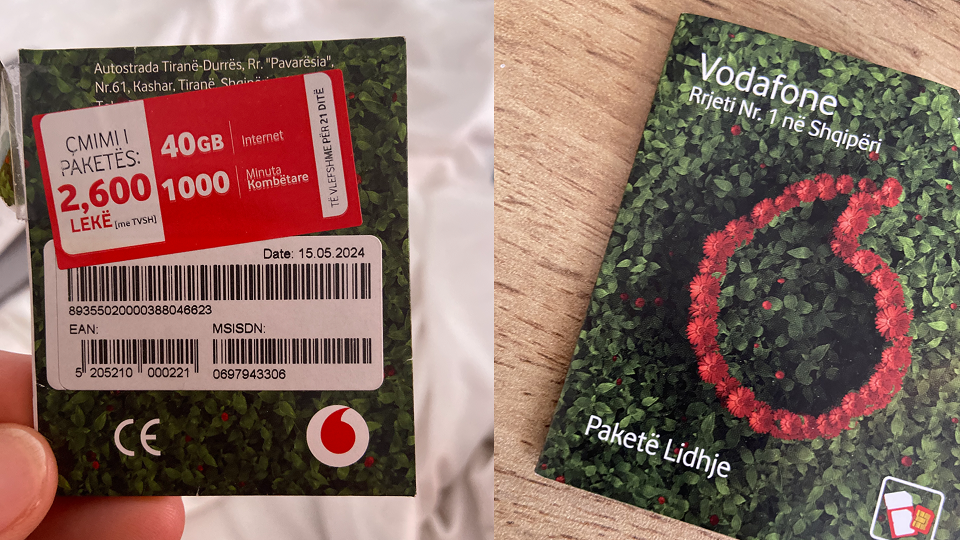 Workation Albanien: Lokale Vodafone-SIM-Karte mit 40 GB Datenvolumen für 2.600 Lekë; daneben das dazugehörige Paket „Paketë Lidhjeje".