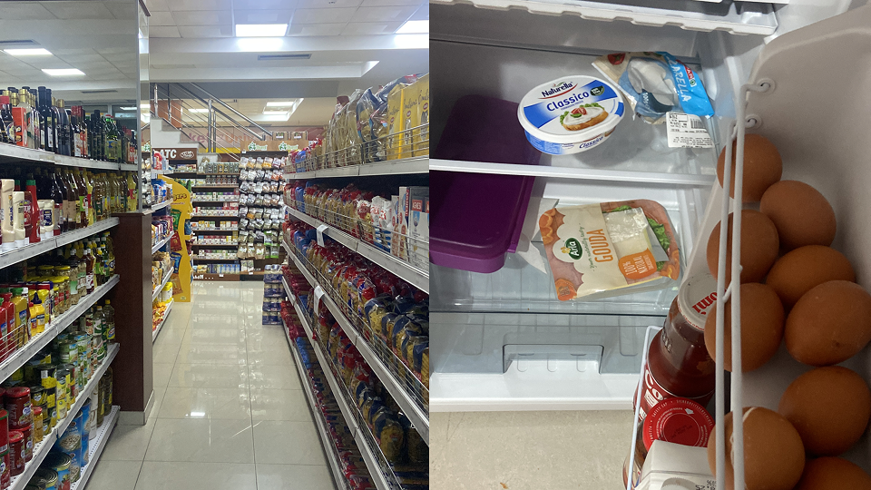 Workation Albanien: Gang eines lokalen Supermarkts mit gefüllten Regalen; daneben ein Kühlschrank mit frischen Lebensmitteln wie Eiern und Käse.