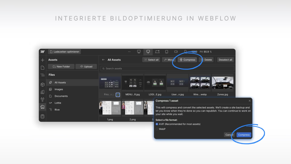 Wie du in der Asset Library von Webflow deine Bilder mit compress optimierst.